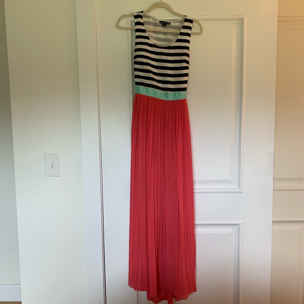 Pink Maxi Dress with Black and White Open Back Top